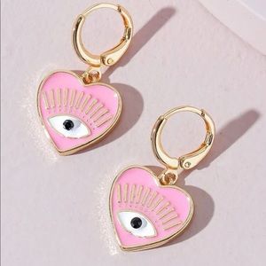 NEW Gold Plated Pink Heart Dangle Earrings w Evil Eye